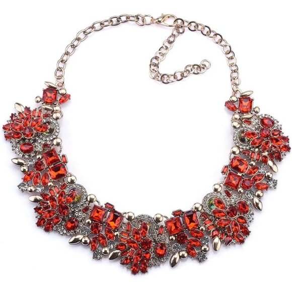 Women's Statement Fashion Red Flower Crystal Glass Collar Choker Necklace - Picture 1 of 6